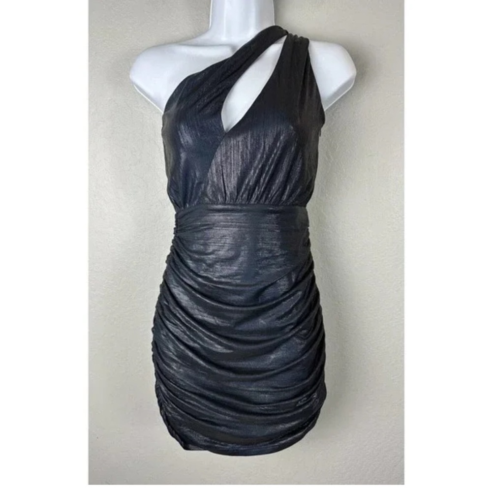 NWT Superdown REVOLVE Mid Blue Metallic One Shoulder Nava Mini Dress, medium